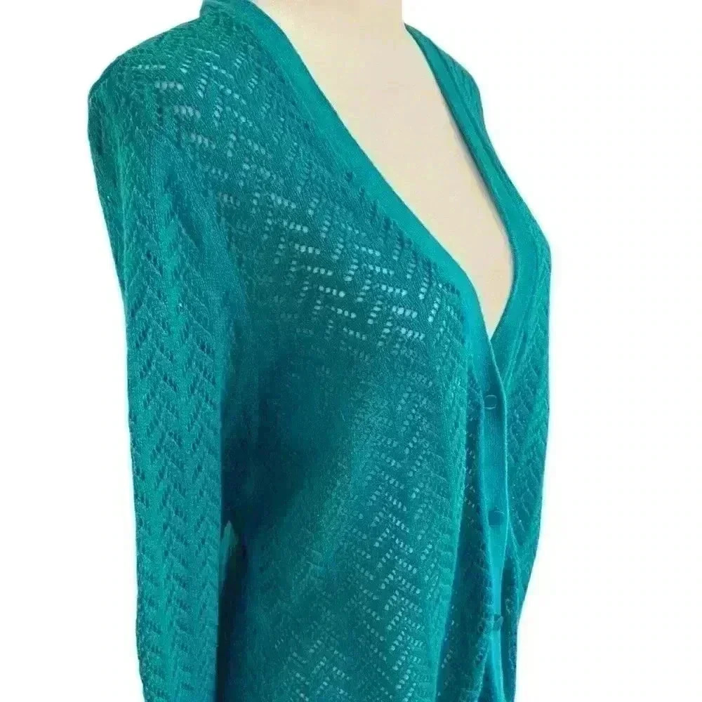 Ann Taylor Open Knit Crochet Cardigan Size L Teal V neck Lightweight Casual Fall - Picture 3 of 9